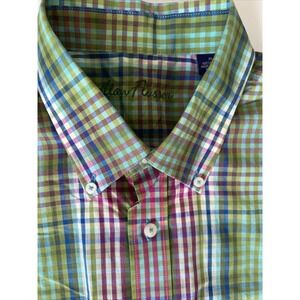 Alan Flusser Mens Shirt XL Colorful‎ Plaid Long Sleeve Button Up Green Pink Blue